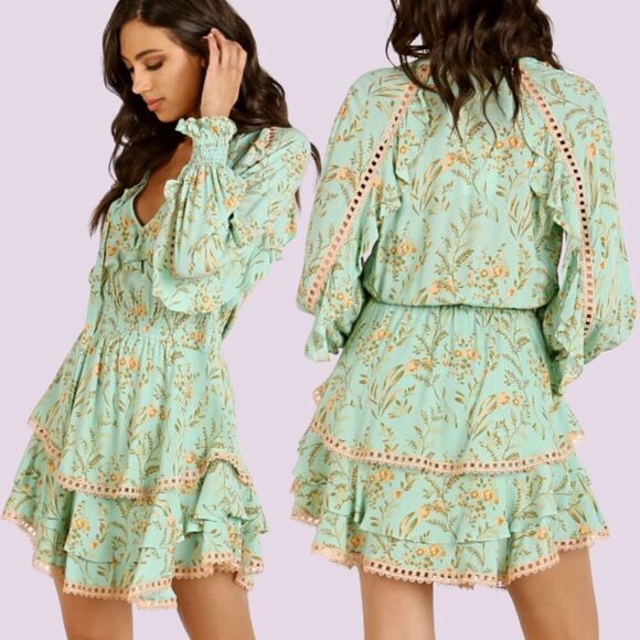 Spell & The Gypsy Boho Floral Maisie Play Dress Large Western Turquoise NWOT